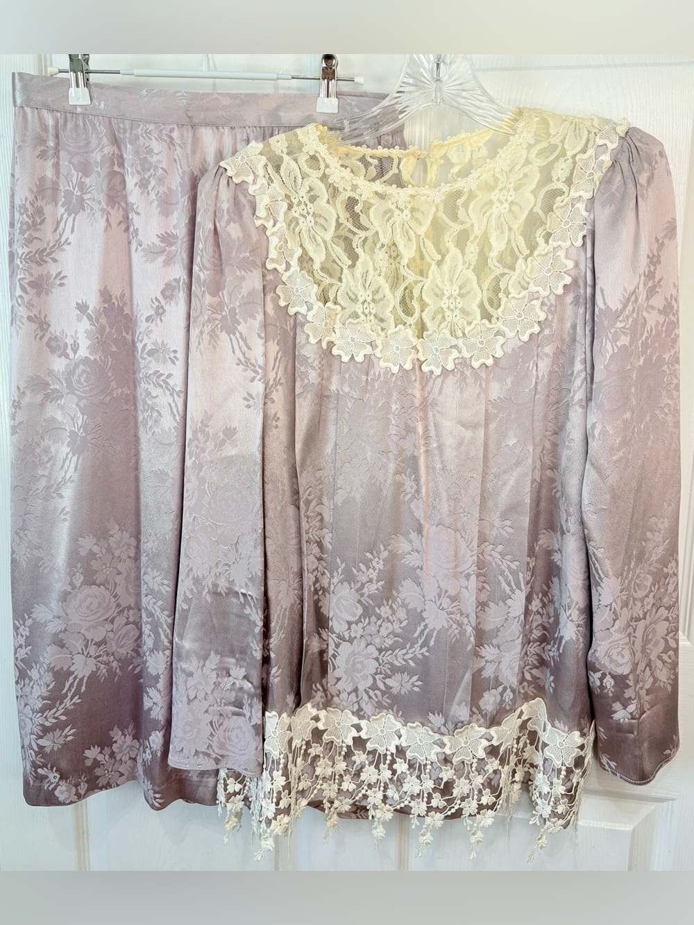 Vintage 90s Jessica McClintock Lavender Drop Waist Victorian Damask Skirt Set-12